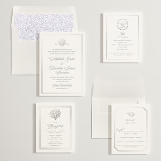 This is a platinum foil stamped wedding invitations with foil pressed by Griffinbell Paper Co. called seaside printing on signature in standard