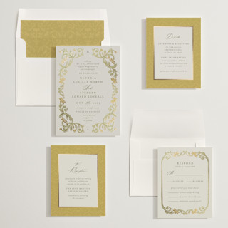 This is a buttercup foil stamped wedding invitations with foil pressed by Jen Owens called grandeur printing on signature in standard