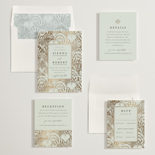 This is a sea foam foil stamped wedding invitations with foil pressed by Maria Alou called by the seashore printing on signature in standard