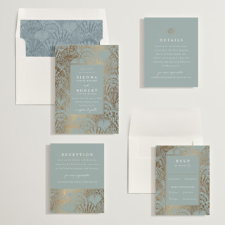 This is a ocean foil stamped wedding invitations with foil pressed by Maria Alou called by the seashore printing on signature in standard