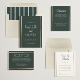 This is a hunter green foil stamped wedding invitations with foil pressed by Nicole Walsh called side stripe printing on signature in standard