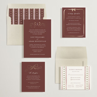 This is a merlot foil stamped wedding invitations with foil pressed by Sarah Knight called swan song printing on signature in standard