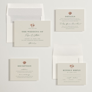 This is a tropical foil stamped wedding invitations with foil pressed by Laura Hamm called tropical getaway printing on signature in standard