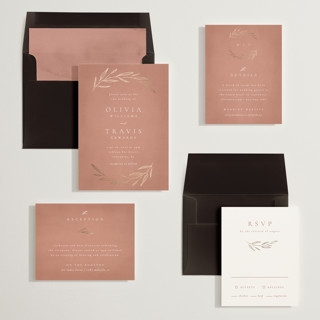 This is a terracotta foil stamped wedding invitations with foil pressed by Kelly Schmidt called leaves printing on signature in standard