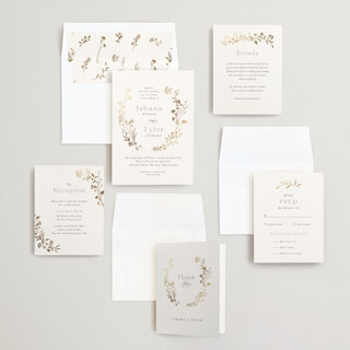 This is a lily foil stamped wedding invitations with foil pressed by Jennifer Wick called queen anne's lace printing on signature in standard