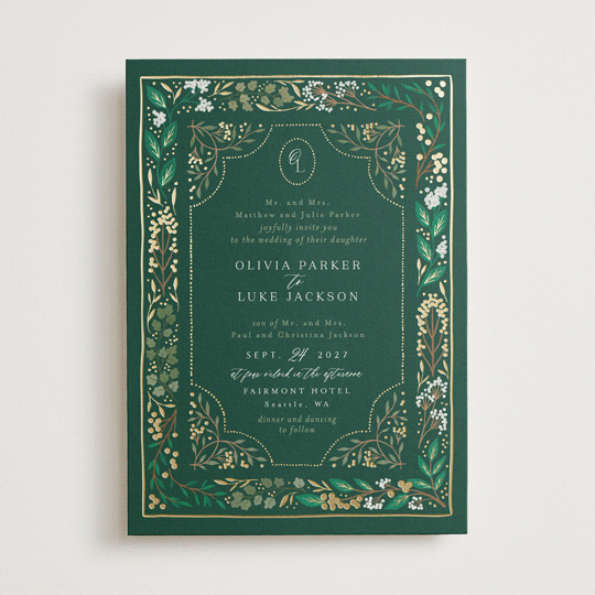 "Illuminated Storybook" - Vintage Foil-pressed Wedding Invitations in Evergreen by Alethea and Ruth.