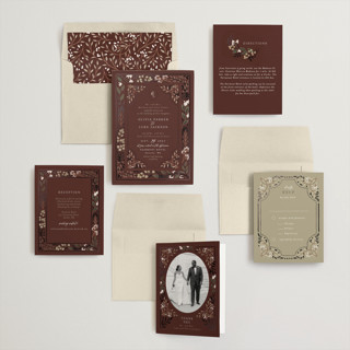 This is a almond foil stamped wedding invitations with foil pressed by Alethea and Ruth called illuminated storybook printing on signature in standard