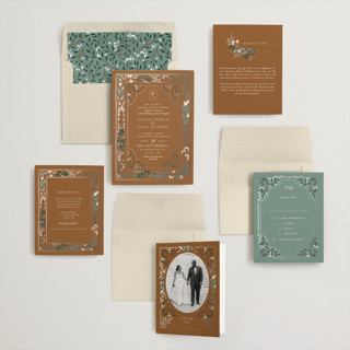 This is a earth foil stamped wedding invitations with foil pressed by Alethea and Ruth called illuminated storybook printing on signature in standard