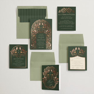 This is a leaf foil stamped wedding invitations with foil pressed by Erin German called autumnal arch printing on signature in standard