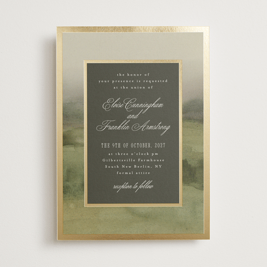 "Hillside" - Destination, Rustic Foil-pressed Wedding Invitations in Graphite by Everett Paper Goods.
