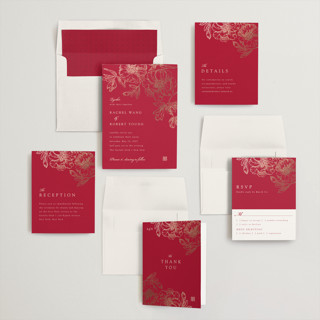This is a ruby foil stamped wedding invitations with foil pressed by Janean Hinger called double peony printing on signature in standard
