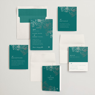 This is a imperial jade foil stamped wedding invitations with foil pressed by Janean Hinger called double peony printing on signature in standard