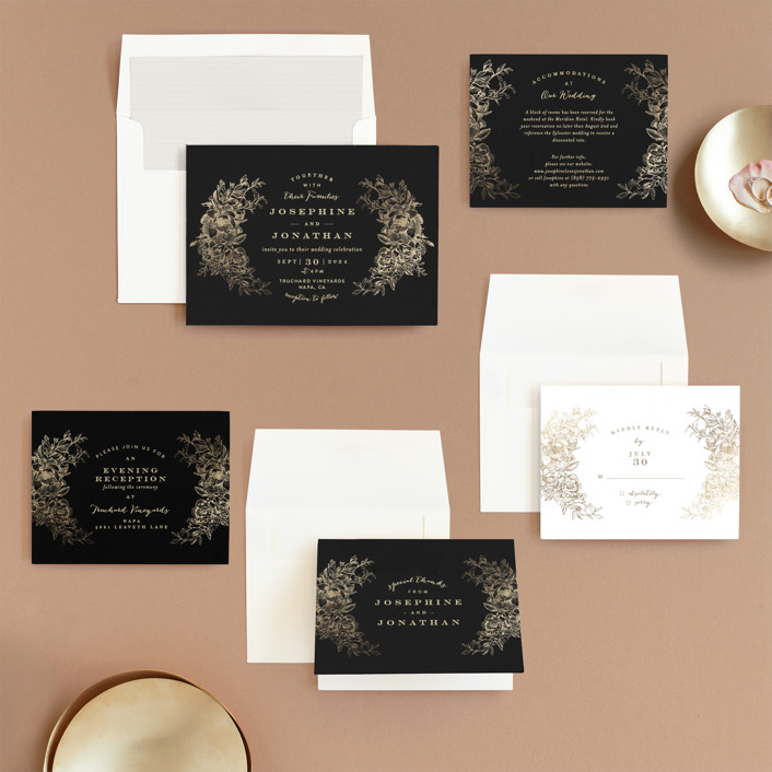 Engraved Flowers FoilPressed Wedding Invitations by Phrosne Ras Minted