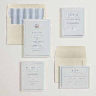 This is a sky foil stamped wedding invitations with foil pressed by Stacey Meacham called hydrangea bloom printing on signature in standard