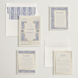 This is a dynasty blue foil stamped wedding invitations with foil pressed by Ana de Sousa called tiled romance printing on signature in standard