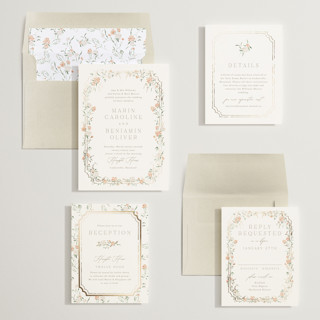 This is a perfectly peach foil stamped wedding invitations with foil pressed by Erin L. Wilson called victorian trellis printing on signature in standard