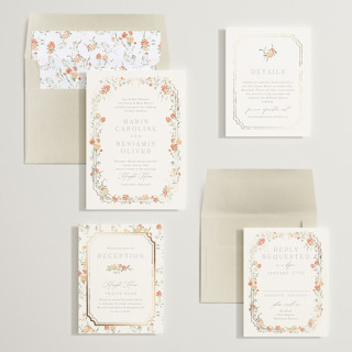 This is a verona sunset foil stamped wedding invitations with foil pressed by Erin L. Wilson called victorian trellis printing on signature in standard