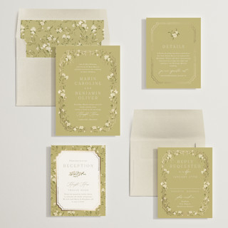 This is a chartreuse foil stamped wedding invitations with foil pressed by Erin L. Wilson called victorian trellis printing on signature in standard