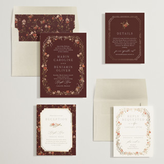 This is a autumn breeze foil stamped wedding invitations with foil pressed by Erin L. Wilson called victorian trellis printing on signature in standard