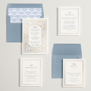 This is a dusty blue foil stamped wedding invitations with foil pressed by Janean Hinger called aurelia printing on signature in standard