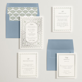 This is a warm eucalyptus foil stamped wedding invitations with foil pressed by Janean Hinger called aurelia printing on signature in standard