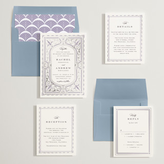 This is a powdered violet foil stamped wedding invitations with foil pressed by Janean Hinger called aurelia printing on signature in standard