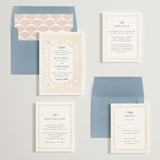 This is a soft peach foil stamped wedding invitations with foil pressed by Janean Hinger called aurelia printing on signature in standard