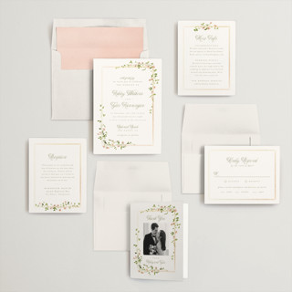 This is a peony foil stamped wedding invitations with foil pressed by Everett Paper Goods called flowering vine printing on signature in standard