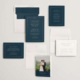 This is a navy foil stamped wedding invitations with foil pressed by Kelly Schmidt called arcadia printing on signature in standard