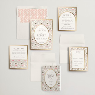 This is a hibiscus foil stamped wedding invitations with foil pressed by Maria Alou called vintage palms printing on signature in standard