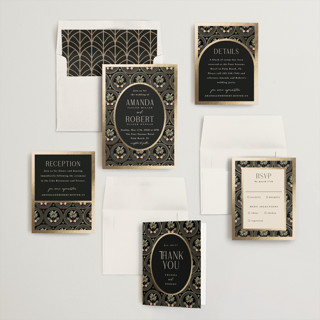This is a onyx foil stamped wedding invitations with foil pressed by Maria Alou called vintage palms printing on signature in standard