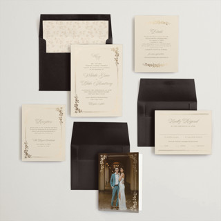 This is a ivory foil stamped wedding invitations with foil pressed by Kate Ahn called lake como printing on signature in standard