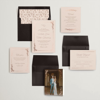 This is a blush foil stamped wedding invitations with foil pressed by Kate Ahn called lake como printing on signature in standard