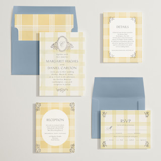 This is a island citrus foil stamped wedding invitations with foil pressed by Grae called salt and ivory printing on signature in standard