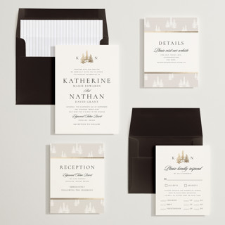 This is a snow foil stamped wedding invitations with foil pressed by Stacy Maalouf called gilded forest printing on signature in standard