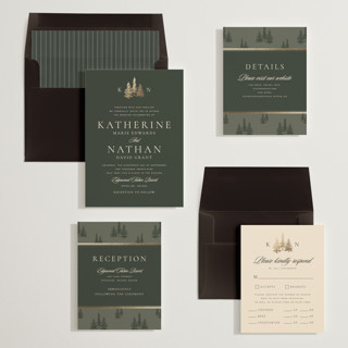 This is a pine foil stamped wedding invitations with foil pressed by Stacy Maalouf called gilded forest printing on signature in standard