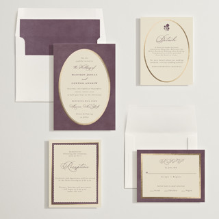 This is a aubergine foil stamped wedding invitations with foil pressed by Emily Betts called vintage oval printing on signature in standard
