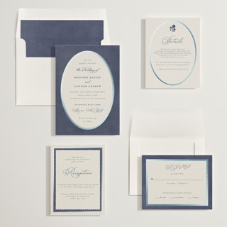 This is a navy foil stamped wedding invitations with foil pressed by Emily Betts called vintage oval printing on signature in standard