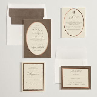 This is a tea foil stamped wedding invitations with foil pressed by Emily Betts called vintage oval printing on signature in standard