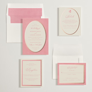 This is a rosebud foil stamped wedding invitations with foil pressed by Emily Betts called vintage oval printing on signature in standard