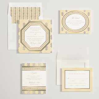 This is a ghee foil stamped wedding invitations with foil pressed by Creo Study called alamgamation printing on signature in standard