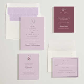 This is a lilac foil stamped wedding invitations with foil pressed by Emily Betts called scallop monogram printing on signature in standard