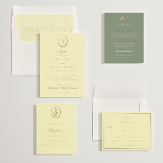 This is a daisy foil stamped wedding invitations with foil pressed by Emily Betts called scallop monogram printing on signature in standard