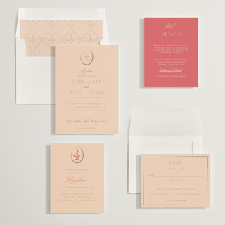 This is a peach foil stamped wedding invitations with foil pressed by Emily Betts called scallop monogram printing on signature in standard