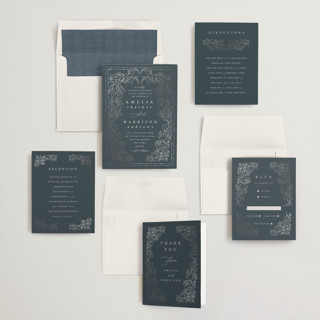 This is a night foil stamped wedding invitations with foil pressed by Hannah Williams called foil botanical frame printing on signature in standard