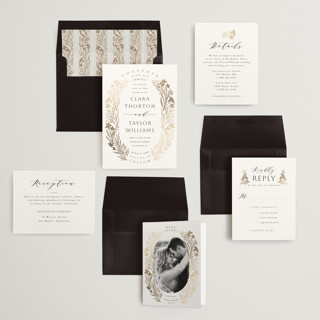 This is a pearl foil stamped wedding invitations with foil pressed by Leah Bisch called floral border printing on signature in standard