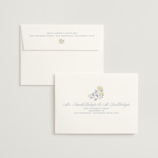 This is a fleur blue foil stamped wedding invitations with foil pressed by Susan Zinader called shimmering hydrangeas printing on signature in standard