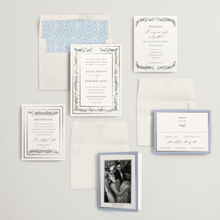 This is a lilac foil stamped wedding invitations with foil pressed by Susan Moyal called blooming vine printing on signature in standard