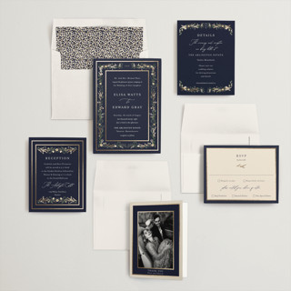 This is a indigo foil stamped wedding invitations with foil pressed by Susan Moyal called blooming vine printing on signature in standard