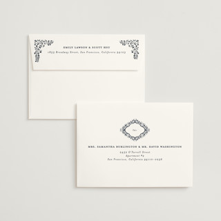 This is a sapphire foil stamped wedding invitations with foil pressed by Gwen Bedat called floral romance printing on signature in standard